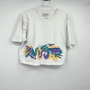 Reebok Women's Crop Top L Graphic T Shirt Geometric Running VTG French Colorful